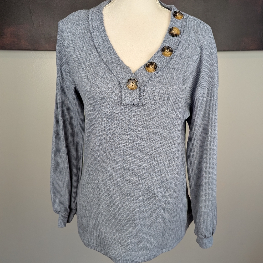 Muted blue long sleeve waffle knit top
